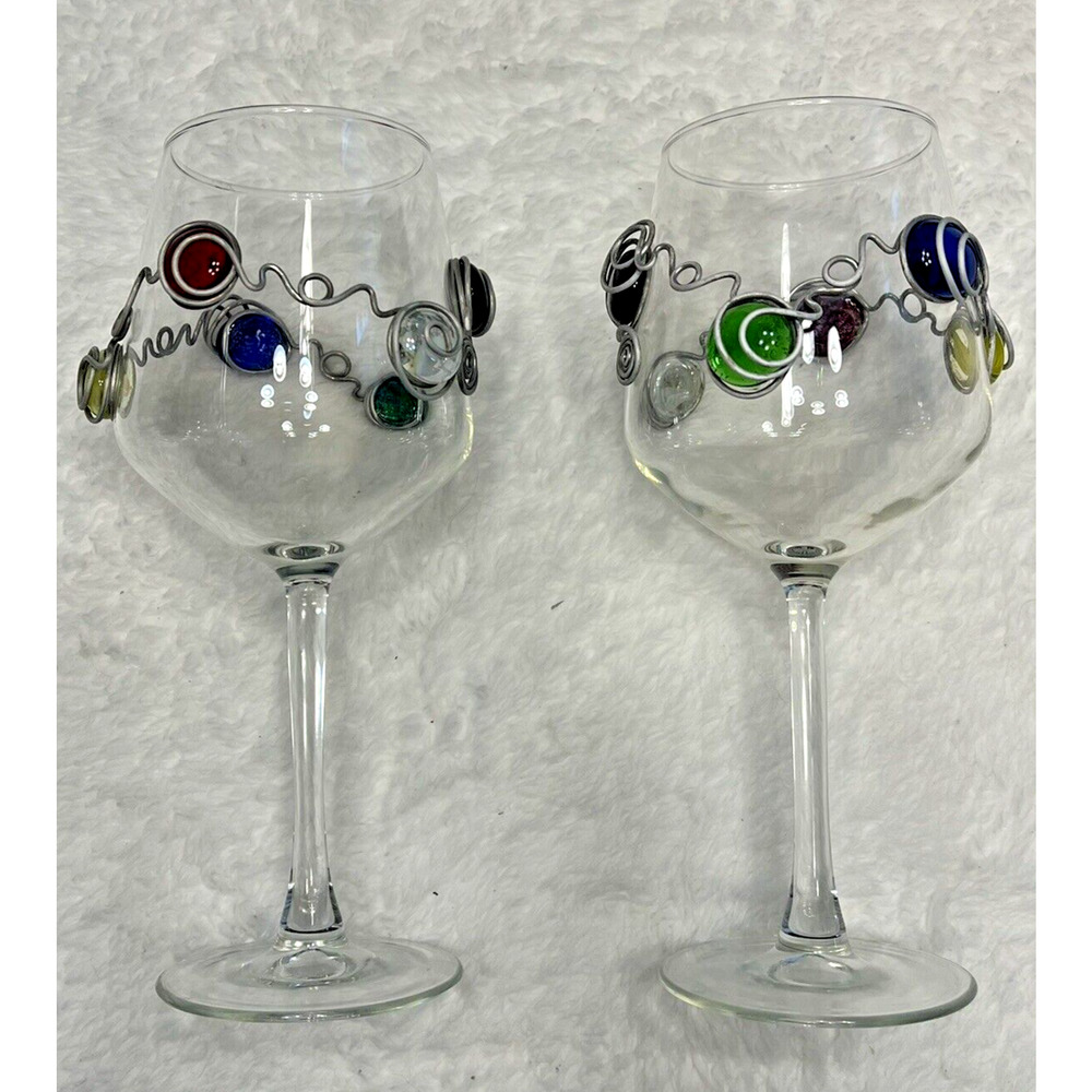 Art Glass Wine Water‎ Goblet Blown Glass Blue Green Red Colored Dot Aluminum